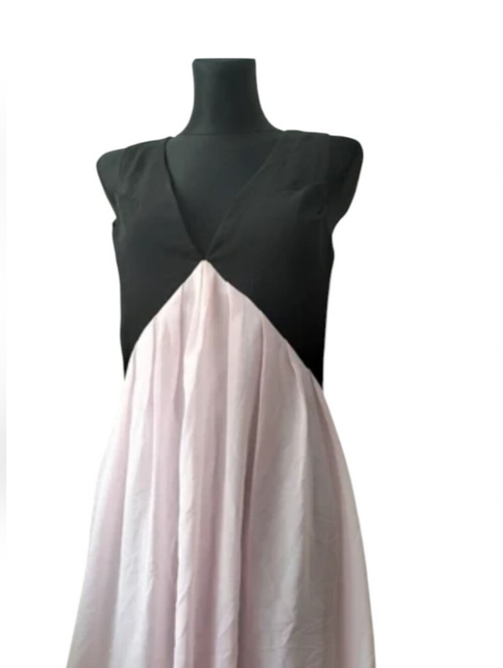 Chic Black and Pink Sleeveless Dress.  Sheer Overlay. Pleated V Seam. NWT. Large